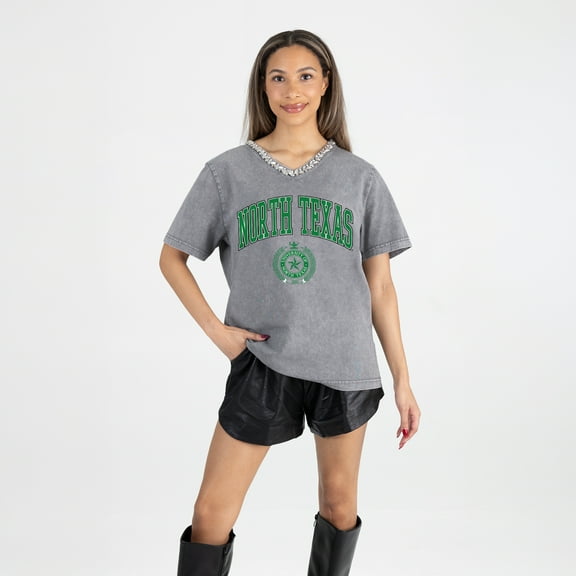 Women's Gameday Couture Gray North Texas Mean Green Iconic Edge Rhinestone V-Neck T-Shirt