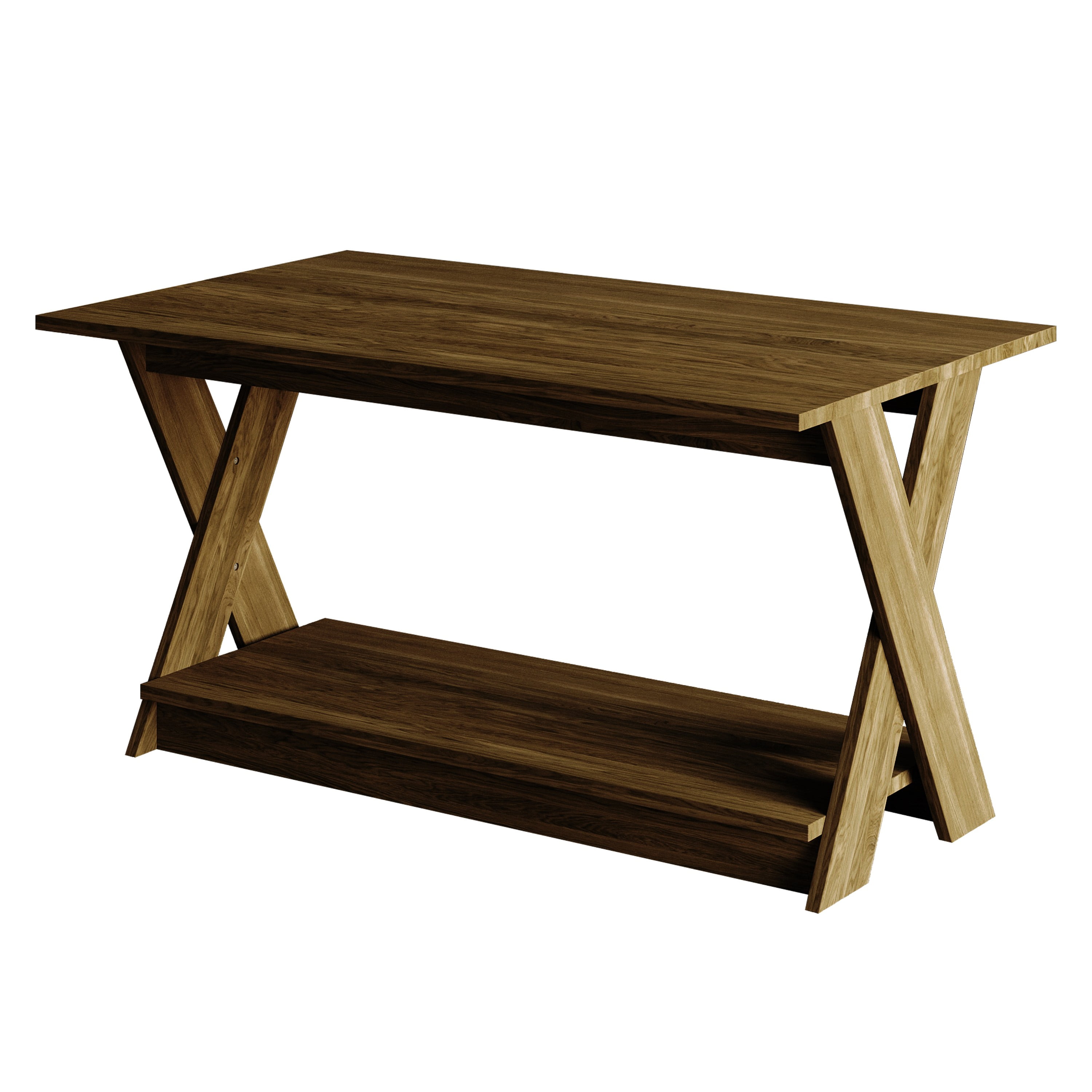 Home Design Emporia 3-Piece Coffee Set with Crossed-Leg Design and Lower Shelf, Wide Plank, Brown, Modern Living Room