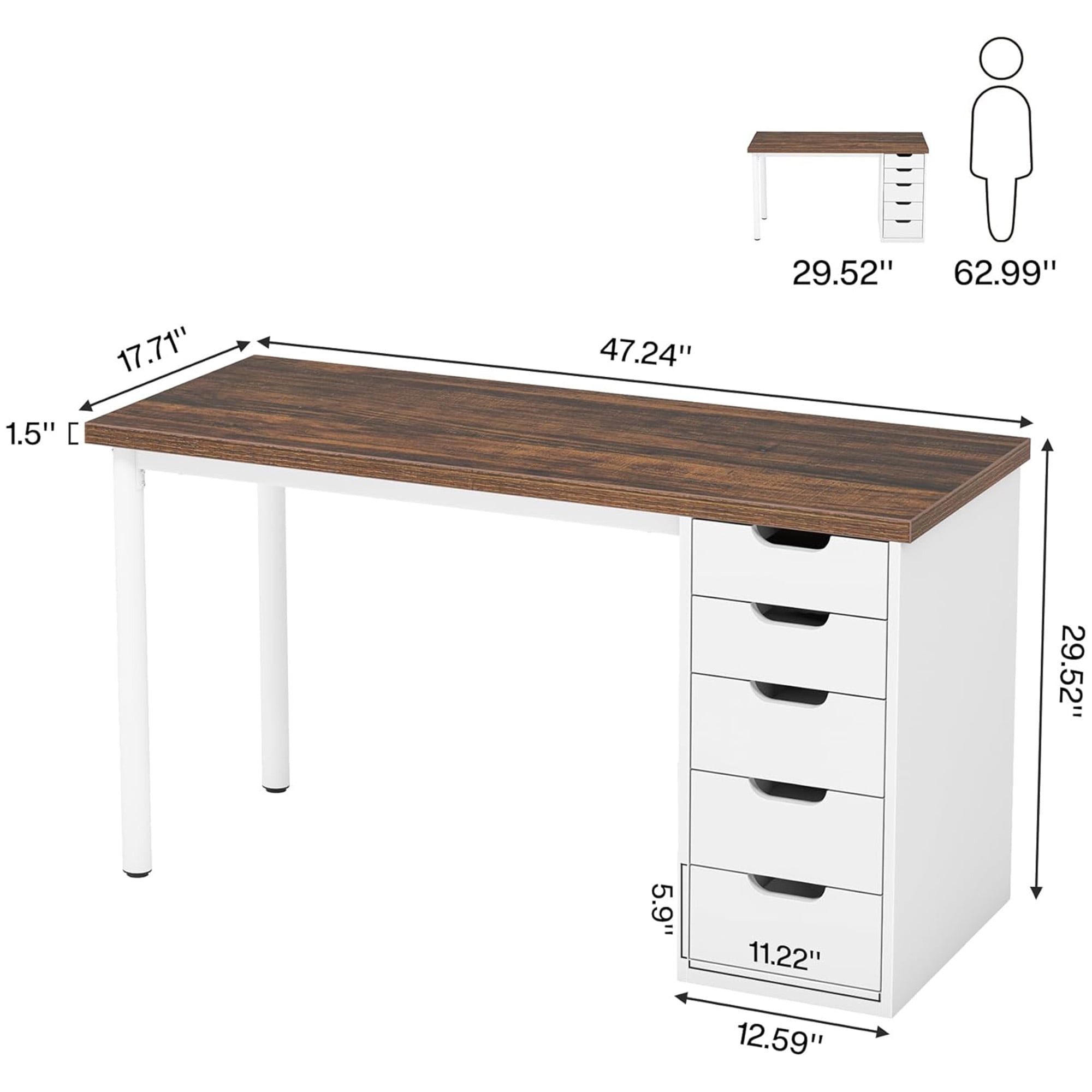 KIOOTTO 47" Computer Desk with 5 Drawers, Reversible Storage Cabinet and Compact Workstation, Nordic Oak