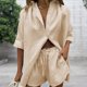 thumbnail image 4 of Revers Chemise + Short Camisa de solapa para mujer + Pantalones cortos 2 piezas Blusa informal de algodón Top Pantalones cortos Trajes (Beige M) Cgtredaw para Mujer Beige Única, 4 of 6