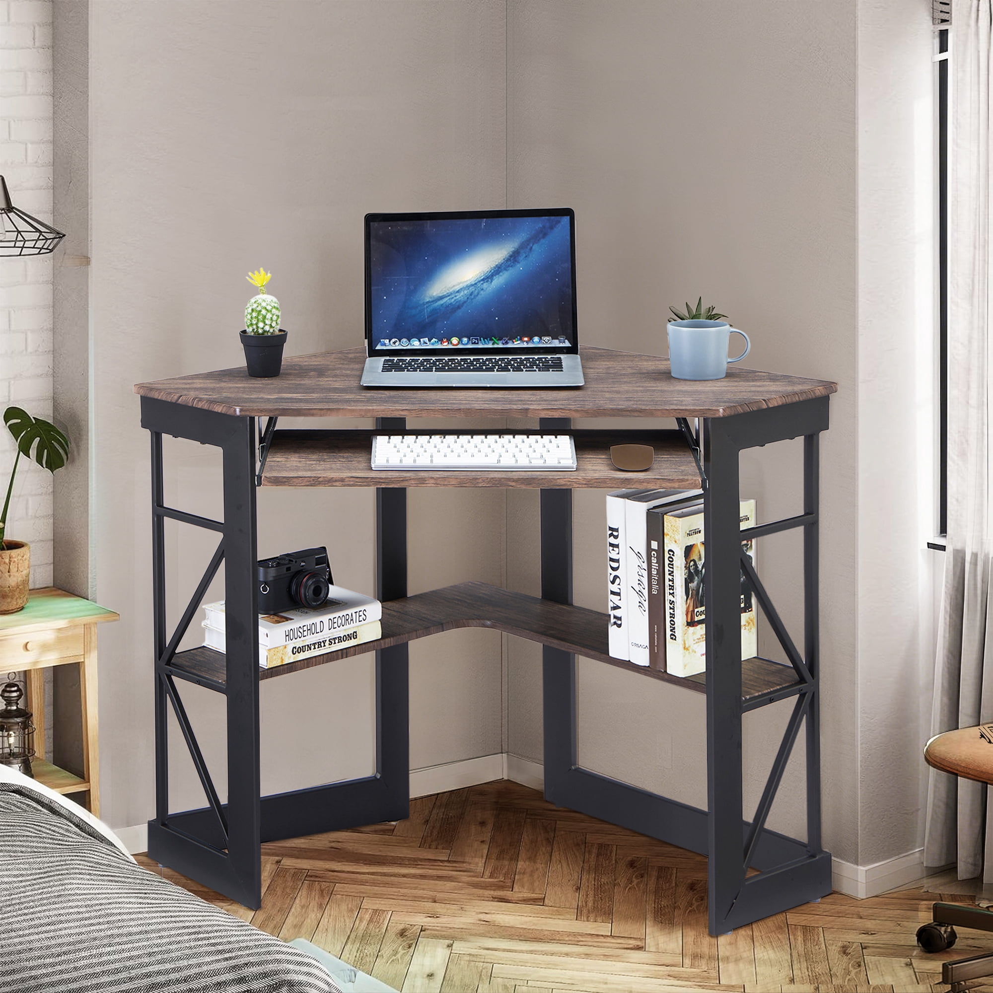 VECELO Corner Computer Desk with Keyboard Tray and Storage Shelf, Student Study Writting Table Workstation for College Dorm Apartment Home Office, Dark Brwon (90 Degrees)
