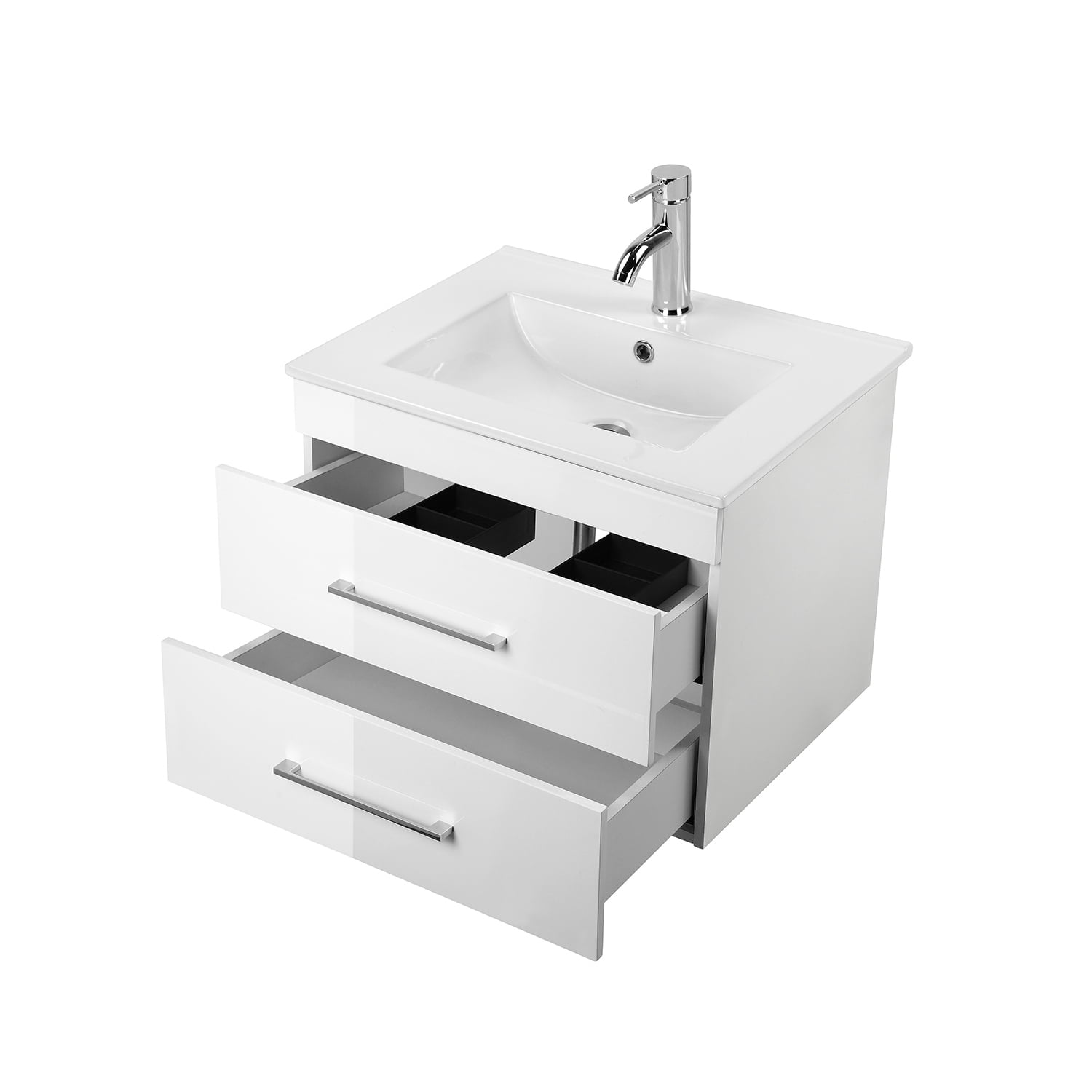 Demi Bonn 24" Wall-Mounted Bathroom Vanity with Ceramic Sink, 2 Soft-Close Drawers and Aluminum Frame Mirror, Faucets and Drains Not Included, White