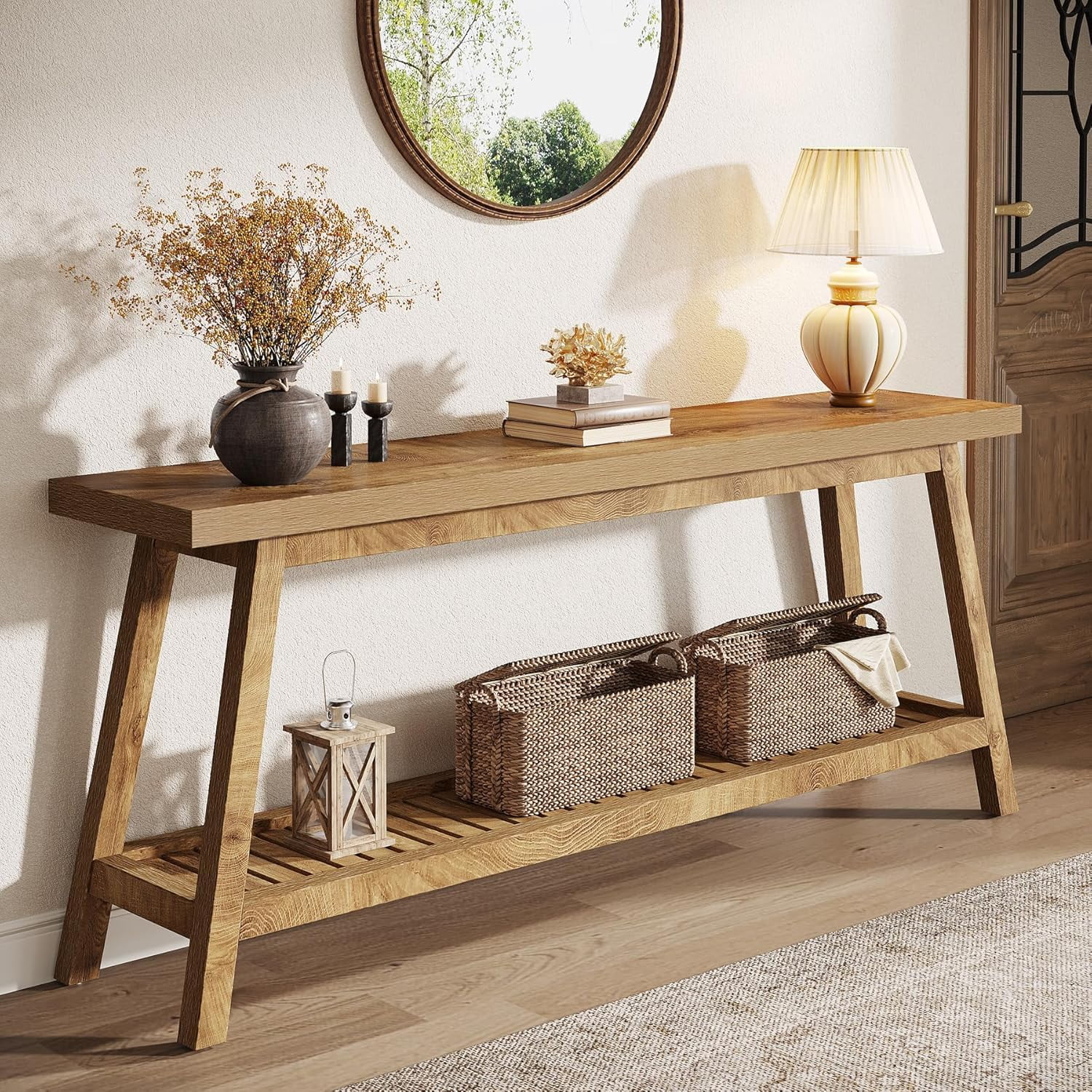 Tribesigns 70.9" Farmhouse Console Table: 2-Tier Wood Entryway Table, Light Brown