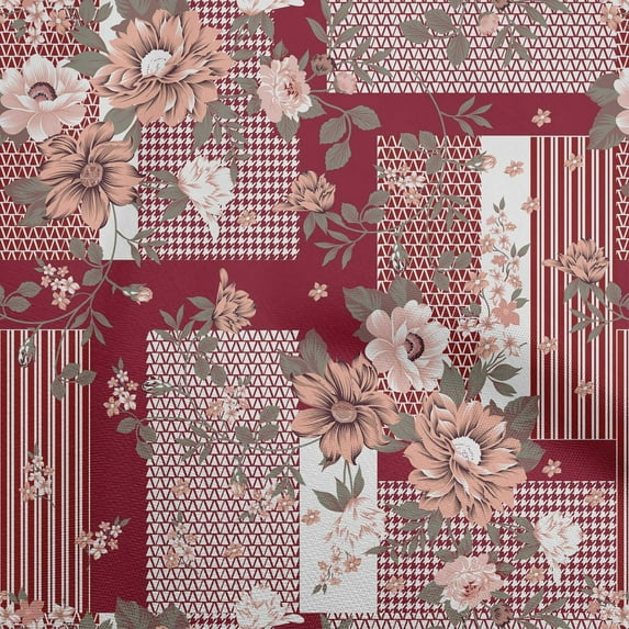oneOone Cotton Poplin Dark Red Fabric Asian Floral With Geometrical Texture Sewing Craft Projects Fabric Prints By Yard 56 Inch Wide