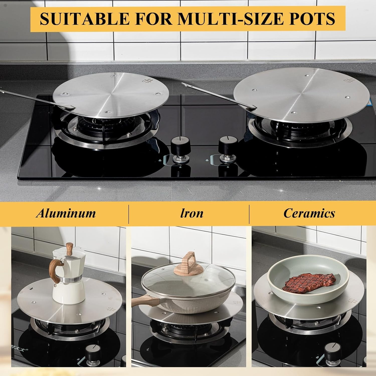 CMrtew 6.3/7.9/9.5/11 inch Heat Diffuser Stainless Steel Induction Adapter with Concave Spots for Electric Gas Stove Glass Induction Cooktop, Heats Up Faster,Detachable Handle