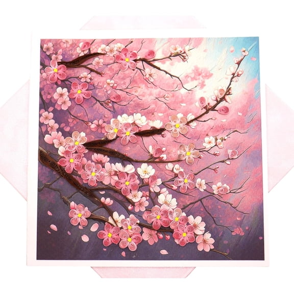 Cherry Blossom Dreams, quilling art greeting card for birthday, valentine's day, mother's day, anniversary, thank you, get well, 6" x 6"
