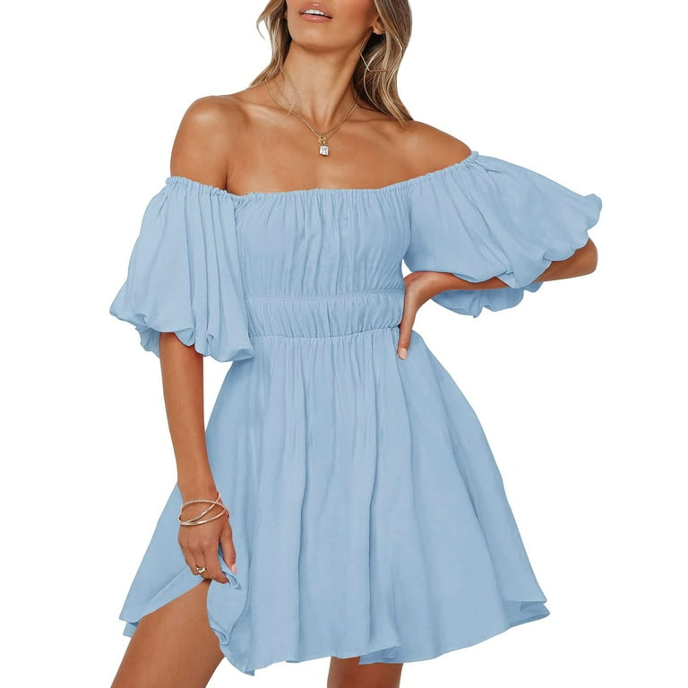 Women s Summer Puff Sleeve Off Shoulder Mini Dress Ruffled A Line Flowy Swing Beach Dress Cute Dresses for Women Winter Business Casual Dress for Women Rayon Summer Dress Womens Swing Dress Summer