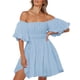 thumbnail image 3 of Gibobby Vestidos para Mujer Vestido de verano para mujer, manga farol, hombros descubiertos, minivestidos con volantes, línea A, vestido fluido(Azul,XL), 3 of 5