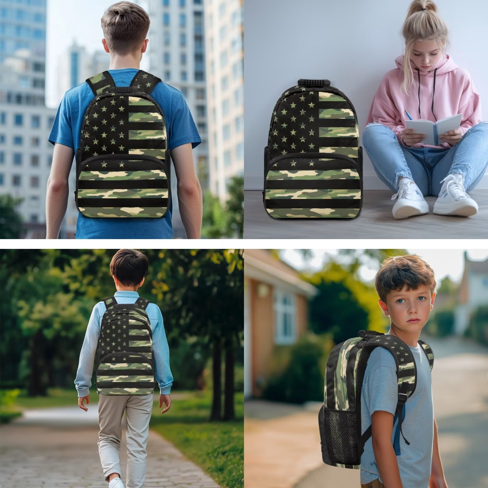 Pzuqiu Camouflage American Flag Backpack for School Kawaii Back Pack with Lunch Box Pencil Case 2pcs Bookmark, 4pcs Large Capacity 17 Inch Student Bag Backpacks for Middle School