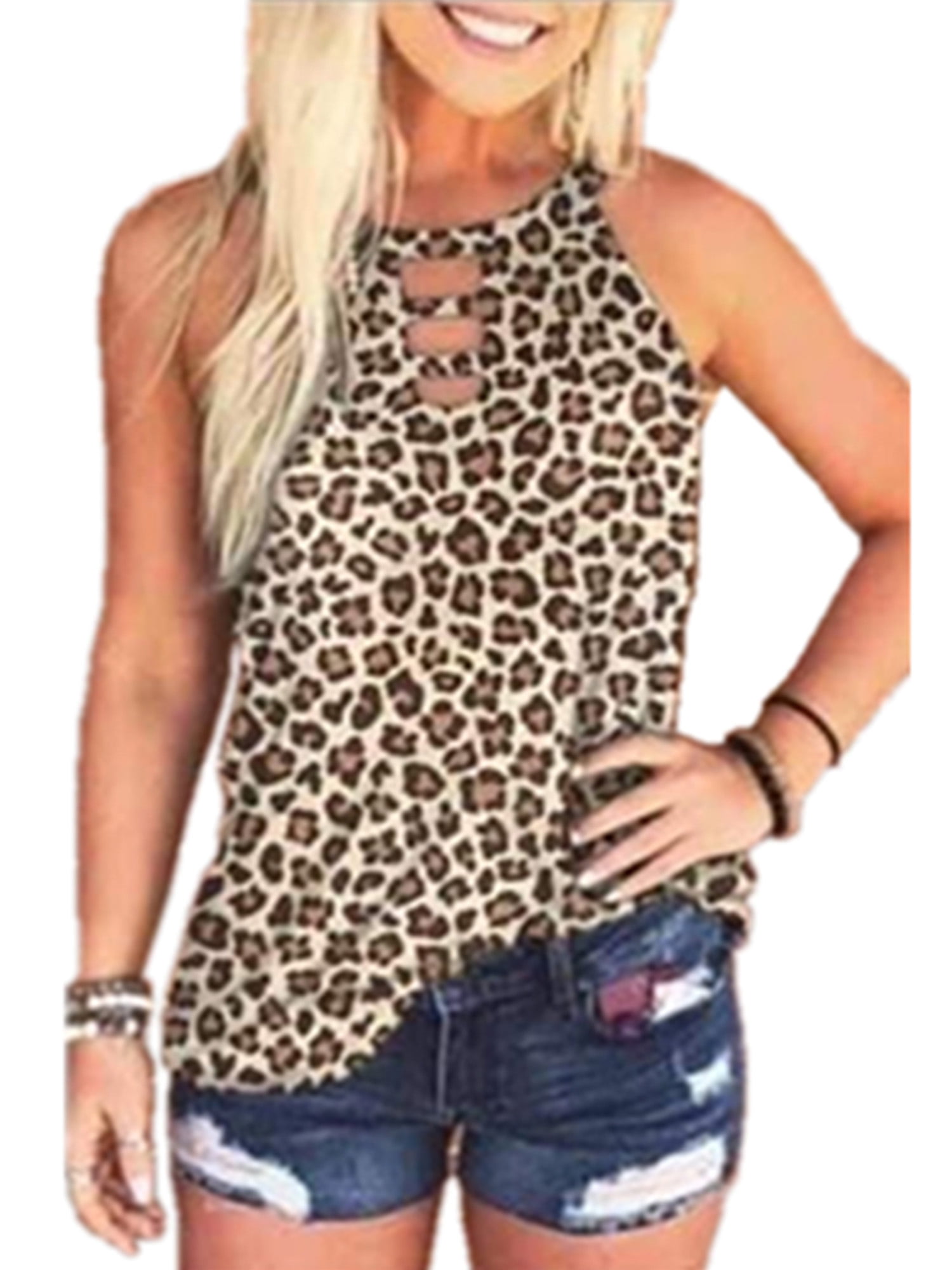 Womens Shirt Cami Blouse Tee Summer Loose Sleeveless Leopard Vest Tops Plus Size