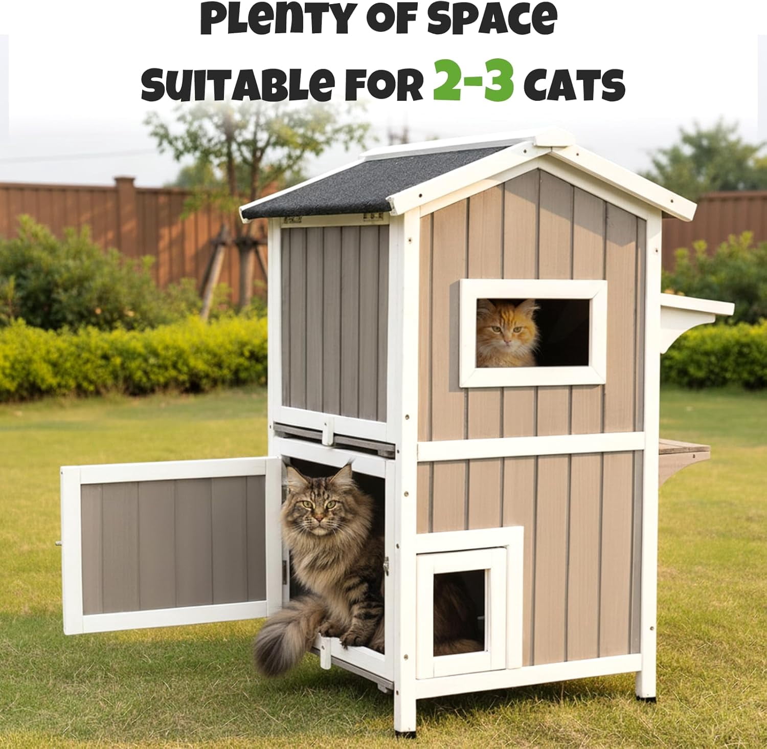 Petsblublu 2-Story Outdoor Cat House Weatherproof Wooden Feral Cat Shelter with Escape Door