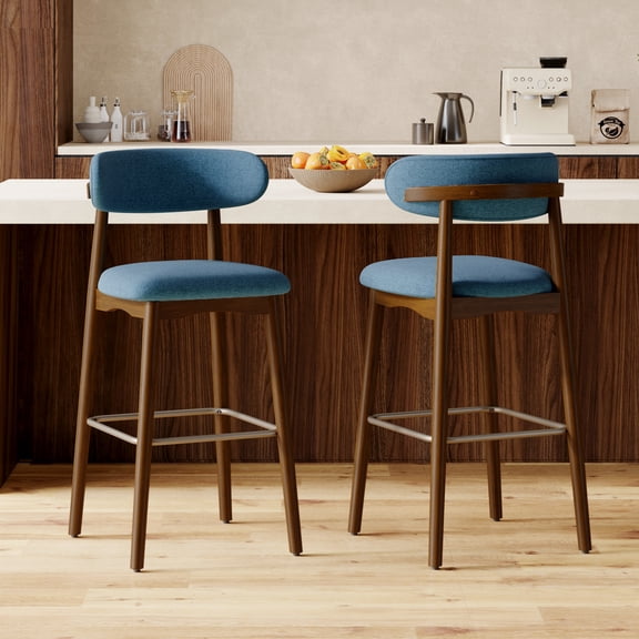 Solid Wood Bar Stools Set of 2, 30.5" Seat Height, Linen-Blend Upholstered Back, Brass Footrest, Mid-Century Modern for Kitchen Island