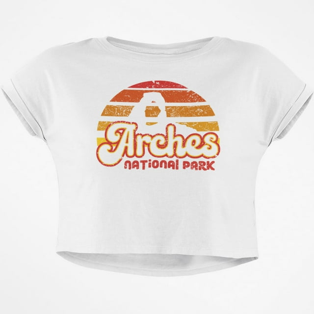 Parc National Rétro Années 70 Arcs Coucher de Soleil Junior Crop Top Boxy T-Shirt