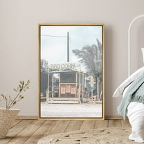 PixonSign Framed Canvas Print Wall Art California Beach Shack with Palm Trees Nature Ocean Photography Realism Modern Scenic Colorful Green Cool for Living Room, Bedroom, Office - 24"x36" Natural