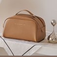 thumbnail image 1 of Multifunctional Creative Double Zipper Simple Solid Color Pu Leather Large Travel Toiletry Bag Women Cosmetic Bag Storage Bag Makeup Case BROWN, 1 of 8