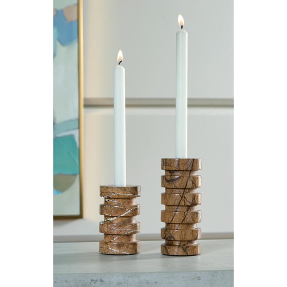 Signature Design by Ashley Emsleyfield Marble Candle Holder Set of 2, Tan Taper Candle Holders