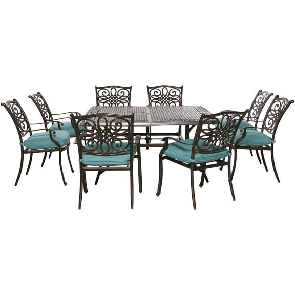 Hanover Traditions 9-Piece Aluminum Outdoor Dining Set, Blue