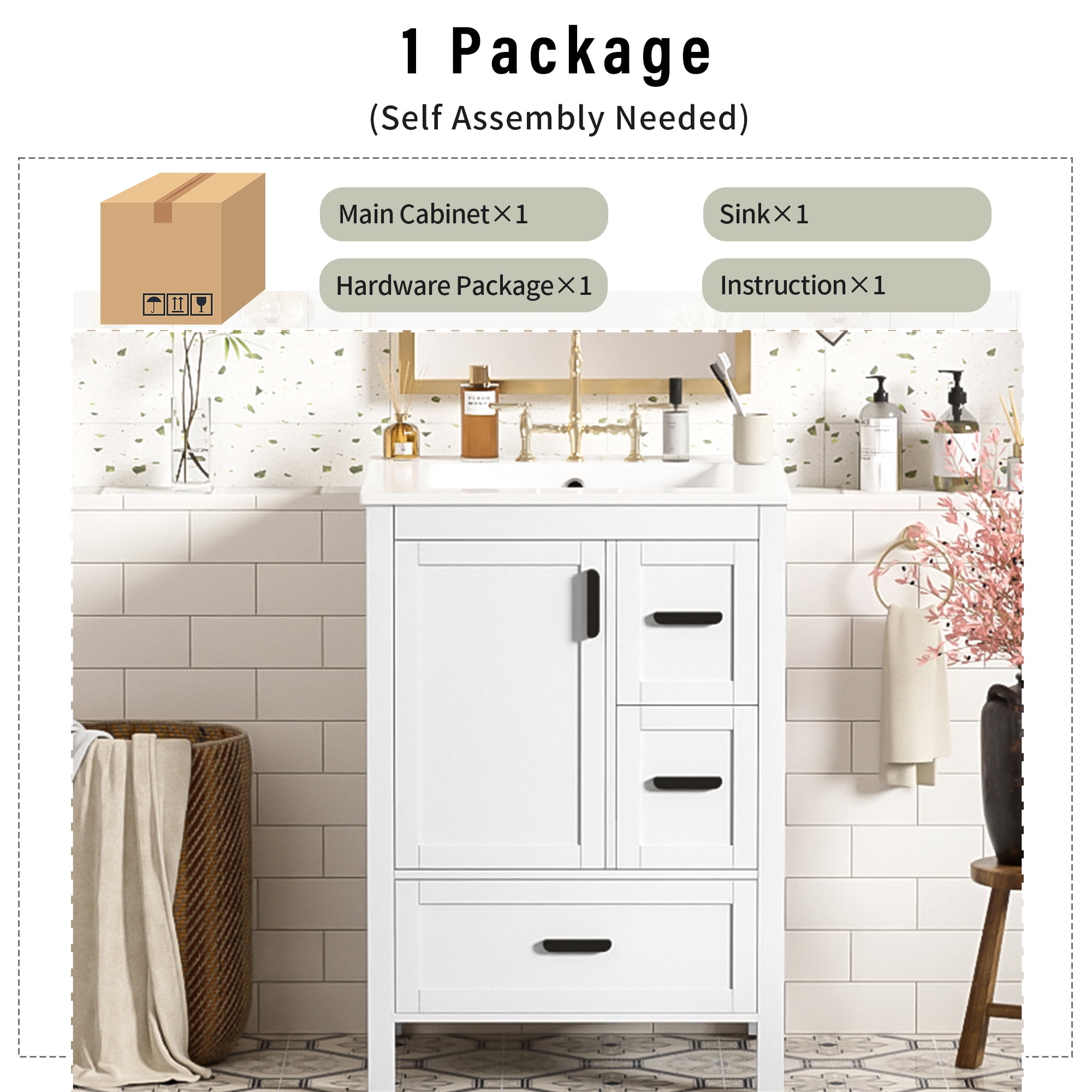 Euroco Modern 24-inch Bathroom Vanity with Ceramic Sink, Soft-Close Door, Double-Layer Door Shelf, and 3 Drawers
