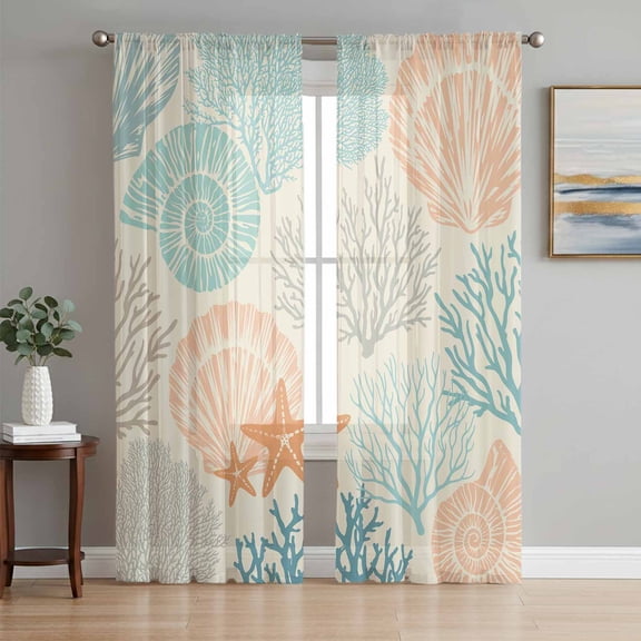 Coastal Turquoise Sheer Curtains 72 Inch Length 2 Panels Set, Ocean Coral Starfish Shell Modern Sea Voile Window Treatment Rod Pocket Curtains Sheers Drapes for Bedroom/Living Room/Kitchen 52"x72"x2