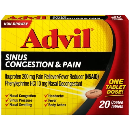 Advil Sinus Congestion & Pain (20 Count) Pain Reliever / Fever Reducer Coated Tablet, 200mg Ibuprofen, Nasal Decongestant, Sinus