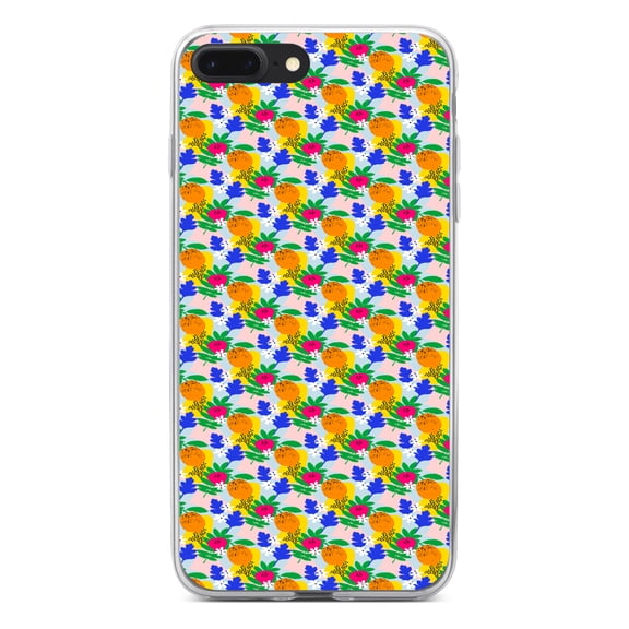 DistinctInk Clear Shockproof Hybrid Case for iPhone 7 PLUS / 8 PLUS (5.5" Screen) - TPU Bumper, Acrylic Back, Tempered Glass Screen Protector - Summer Vibes Floral Pattern Orange Blue Yellow