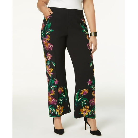 I.N.C. Floral-Print Wide-Leg Pants Womens 24W Black pants MSRP $130