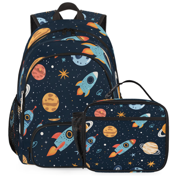 Herdesigns Cute Planet Backpack with Lunch Box Universe Galaxy Space Lightweight Large Travel Work Laptop Backpacks Set Casual Daypacks