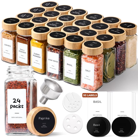 ComSaf 24 Pack 4oz Square Glass Spice Jars with Bamboo Lids, Empty Seasoning Bottles with Metal Funnel 6 Shaker Inserts 93 Labels for Kitchen Pantry