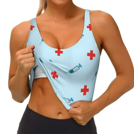 Qokaie Syringe And Red Cross Pattern Womens Scoop Neck Sports Bra Breathable Workout Vest Padded U Back Medium Impact Fitness Gym Yoga Bra Workout Crop Top
