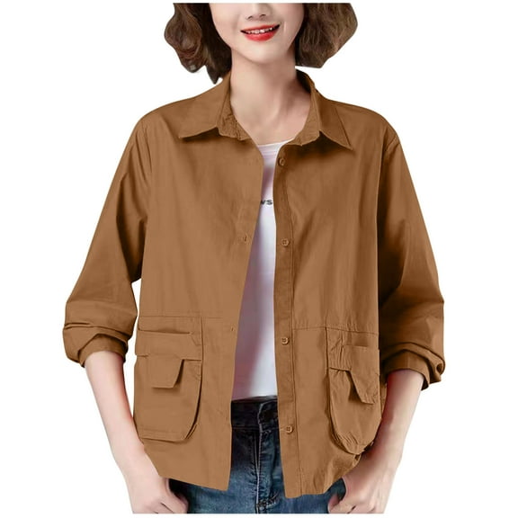 Olyvenn Womens Cropped Jacket Solid Collar Coat Cargo Jacket Barn Jackets Outerwear with Pockets Long Sleeve Lightweight Coat Brown M