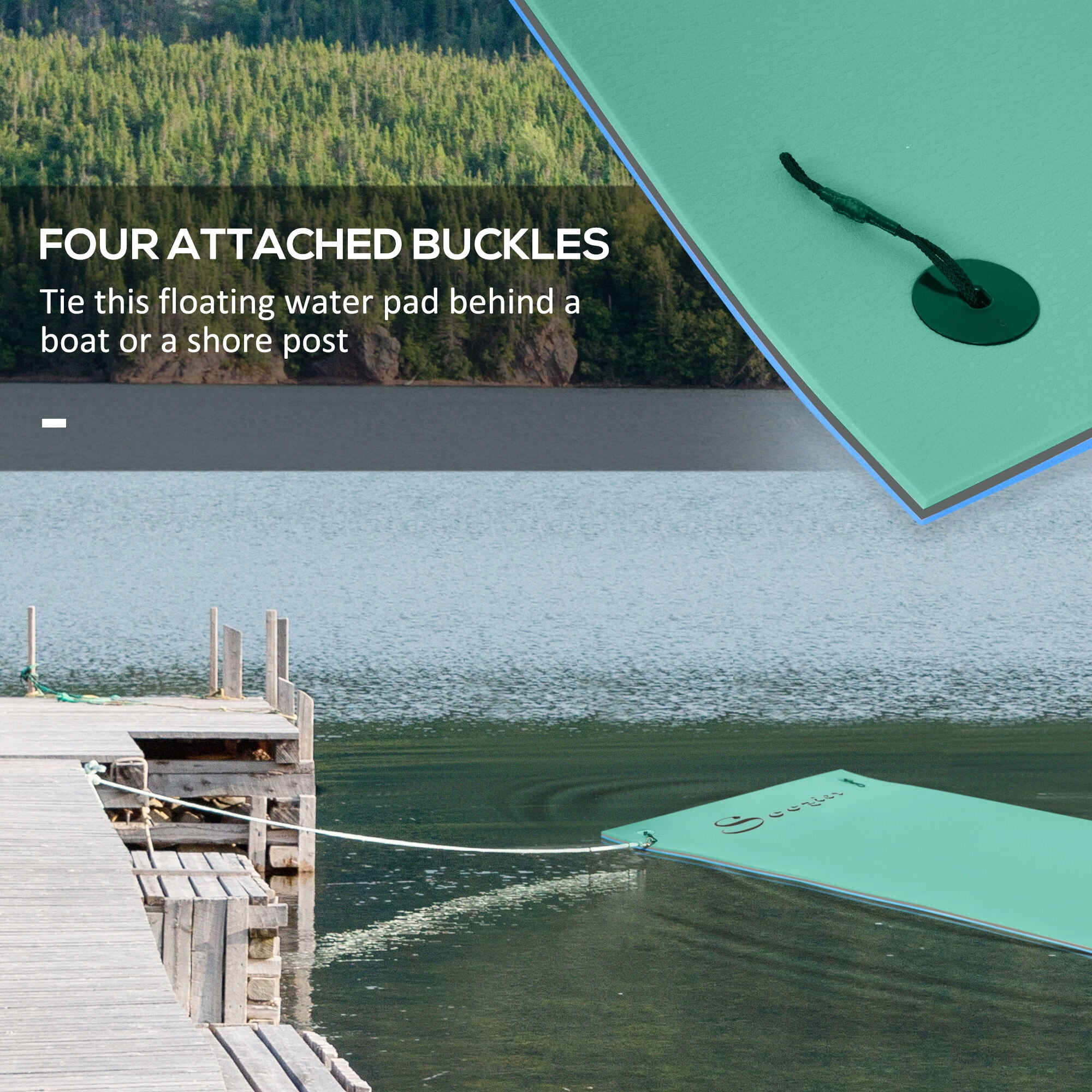Home Gym Equipment, Soozier 12' x 5' Lily Pad Floating Mat with Cup Holder Table, 3-Layer Portable Roll-Up Water Mat Float Dock for 2-3 People, on Lake, River, Beach, Swimming Pool, Green