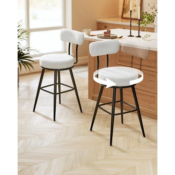 360° Swivel Bar Stools Set of 2 - Modern Counter Height Stools with Boucle Fabric & Adjustable Feet, Cloud White