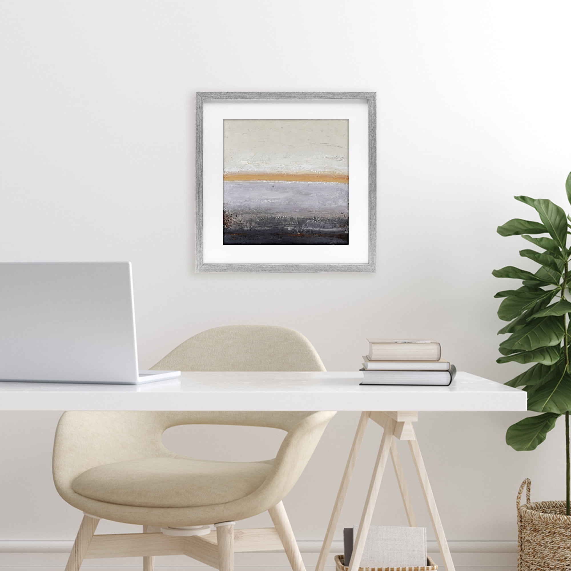 Warm Peachy Horizon Gray Framed Print Under Glass, design by Design Fabrikken
