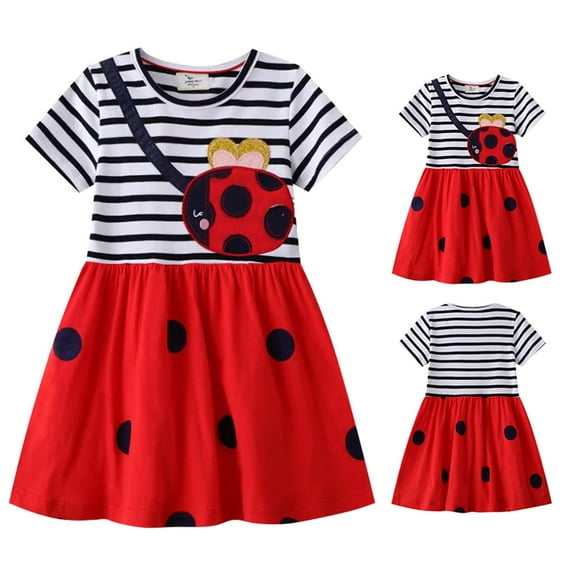 Dress for Girls Toddler Kids Girls Summer Ladybug Print Short Sleeve Casual Dress Breathable Lightweight Dresses Girls' Dresses Red 2 Years