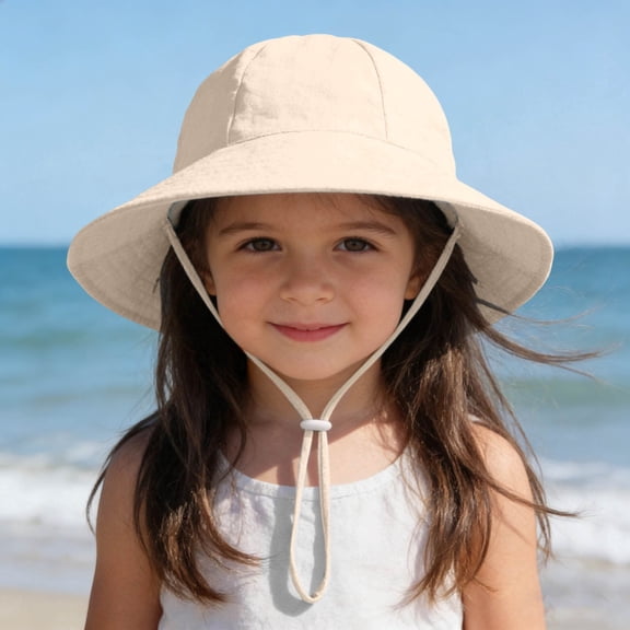 Kids Sun Hat UPF 50+ Kids Bucket Hat for Girls, Wide Brim 100% Cotton Beige Summer Beach Hat,Size 1 T