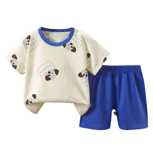 MIASHUI Ensemble 2 Pcs Tout-Petits Garçons Filles T-Shirts à Manches Courtes Imprimés Dessin Animé et Shorts, Bleu, 12-18 Mois
