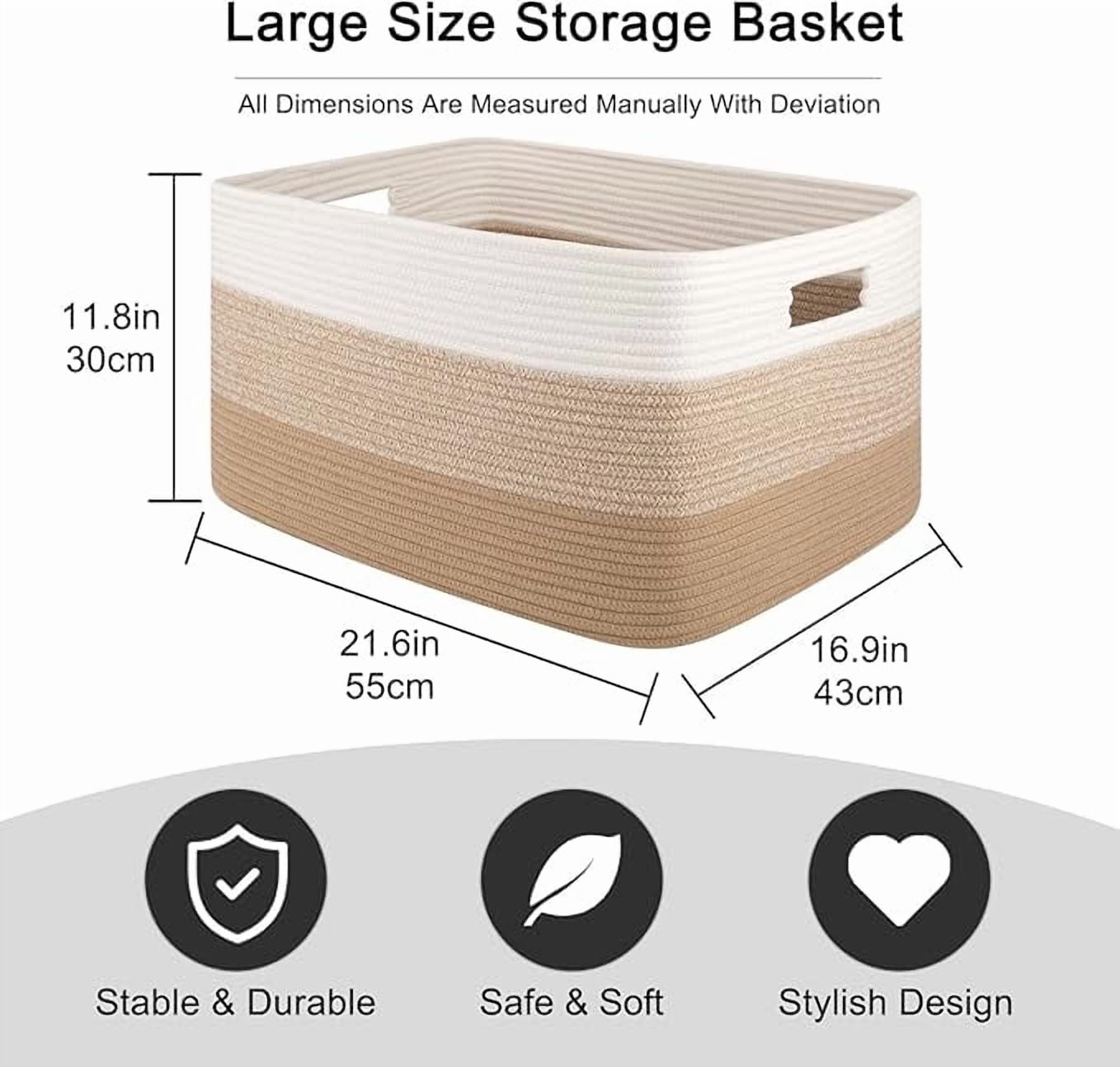 75L Large Blanket Basket（22"x17"）,Large Blanket Basket for Organizing, Dog Toy Bin,baby laundry basket,Cotton Rope Blanket Basket for Living Room, Laundry, Nursery, Pillows (White and Brown)