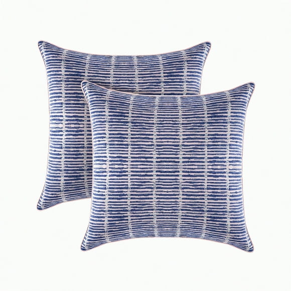 Blue Stripe Farmhouse Pillow Covers - Set of 2, Square Jacquard Line Throw Pillow Cases for Couch & Bedroom, 18x18 Inch, Living Room Decor