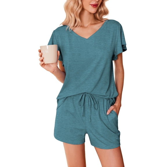 Ekouaer Women's Pajamas Set Ruffle Sleeves Sleepwear V Neck Comfy 2 Piece Pjs Loungewear Set with Pockets