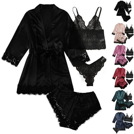 4Pcs Woman Sleepwear Pajamas Robe Sexy Lace Lingerie Silk Satin Home Nightwear Pink L YIWEI