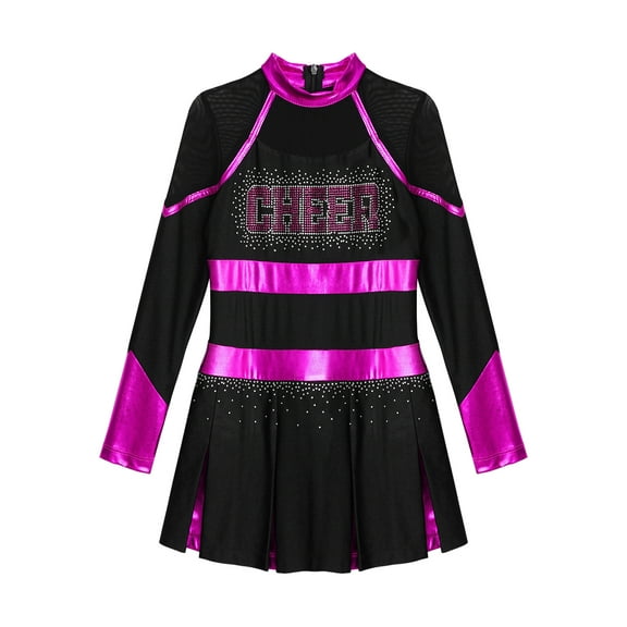 Aislor Girls Cheer leader Cheerleading Shiny Pleated Dress Cheer Uniform Dress Up Black&Hot Pink 6