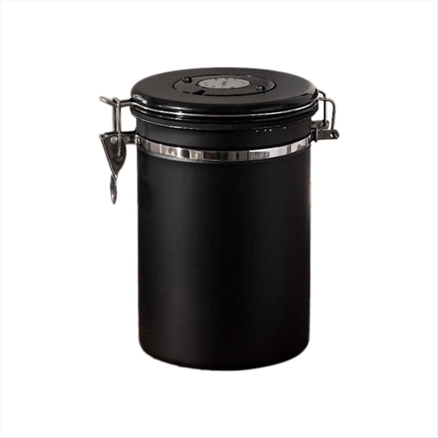 Recipiente de Café Hermético en Grano con Rastreador de Fecha, Caja de Almacenamiento de Cocina de Acero Inoxidable, 1,8 L, Negro