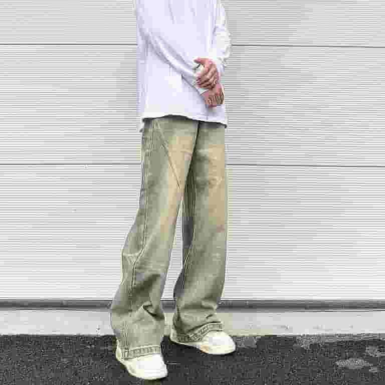 【YOURNUS】 Yello Vintage Washed Wide Denim Vintage Split Deconstructed Wide Jeans Men Yellow Mud Dyed