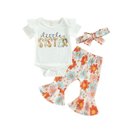 

Lieserram Baby Girls Summer Clothes 3 6 12 18 Months Short Sleeve Letters Print Romper with Floral Flare Pants and Headband