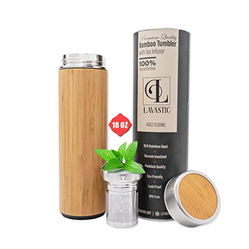 Tea Tumbler with Infuser and Strainer 18 oz Stainless Steel Bamboo