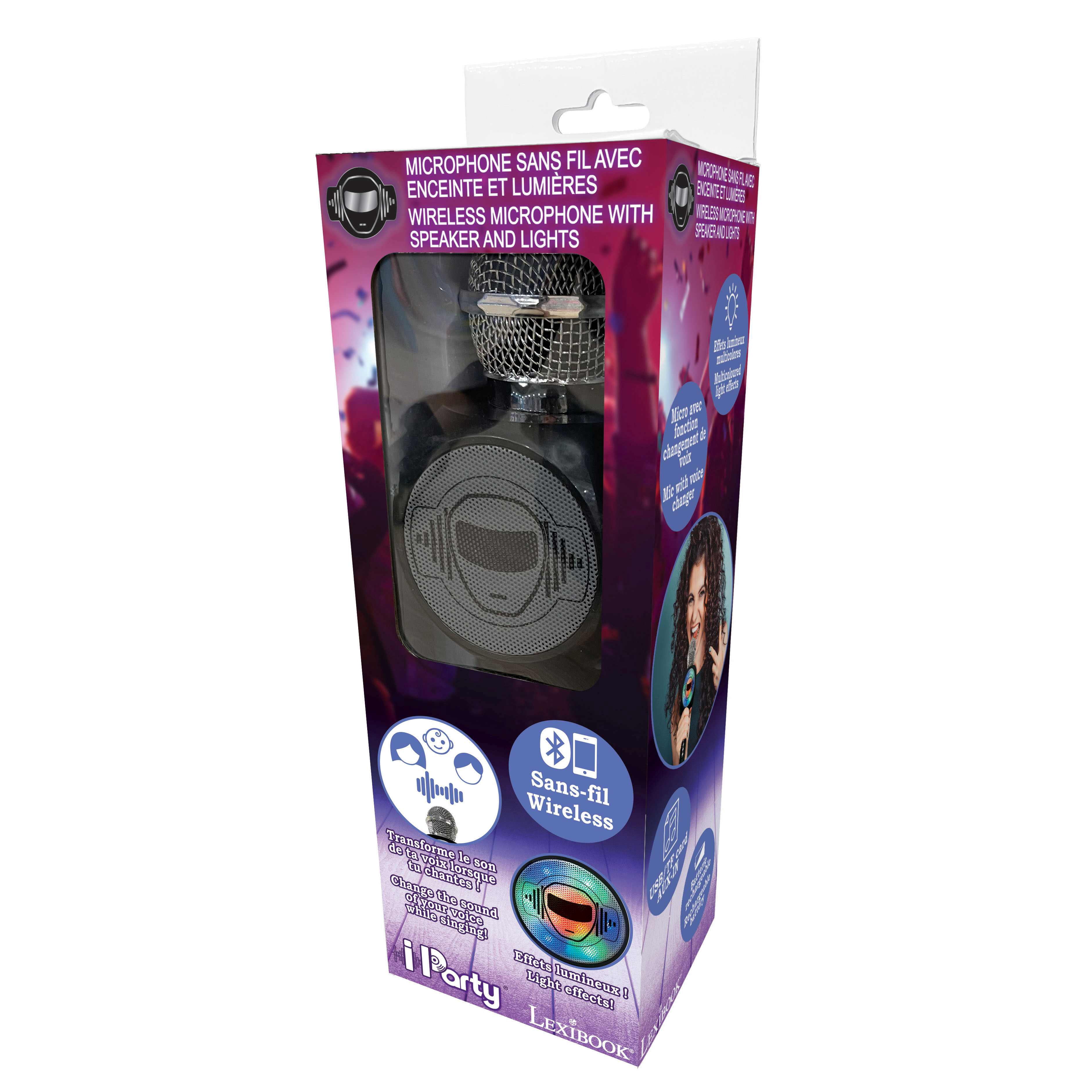 Lexibook Wireless Microphone with Speaker, Lights and Voice Changer, Bluetooth, USB, Micro SD, Black/Silver