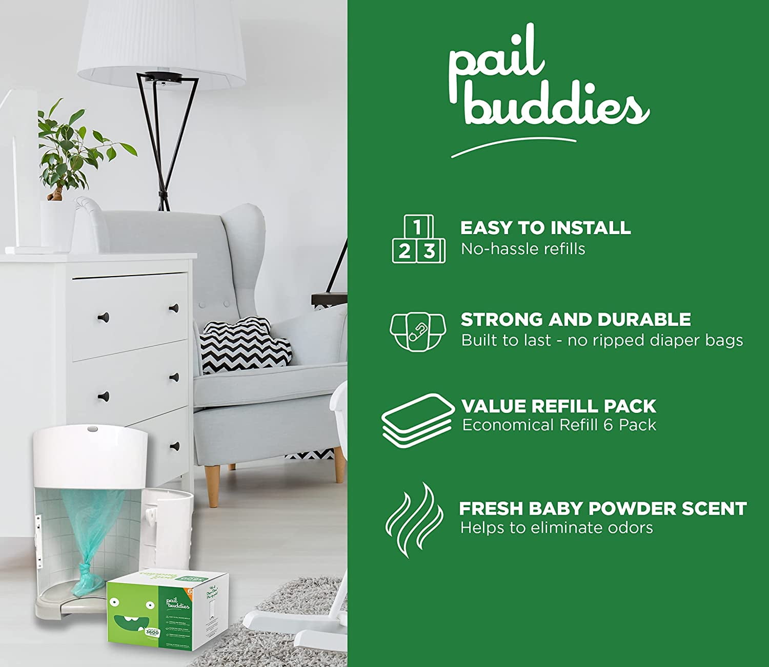 Diaper Pail Refills | 6 Count Value Pack Holds 3,600 Diapers | Compatible with Dekor Plus Diaper Pail | Strong, Durable Refill Bags with Odor Eliminating Baby Powder Scent