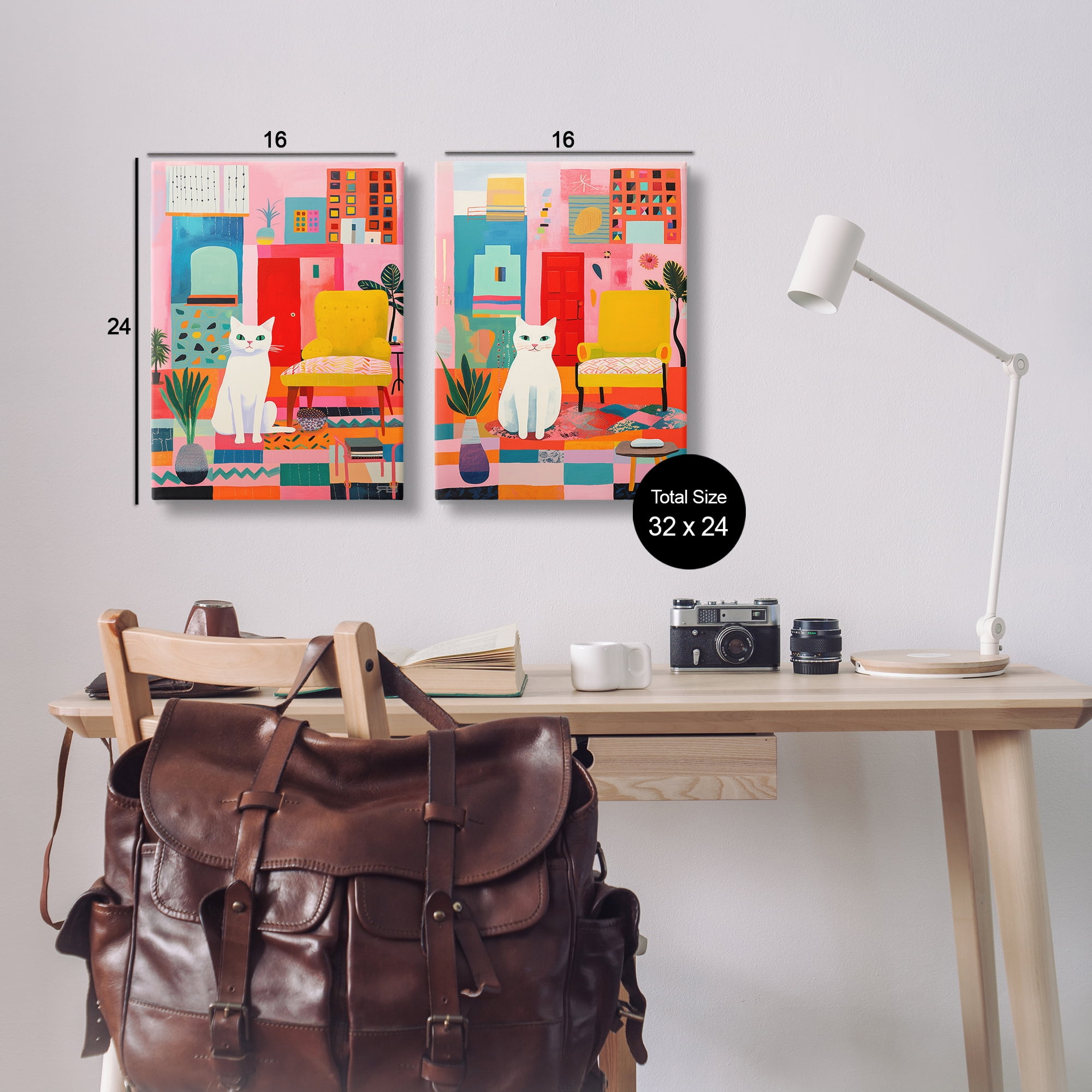 Stupell Industries Bright Room Sitting Cat Furniture Painting Wrapped Canvas Art Print Wall Art, 16 x 24, Set of 2