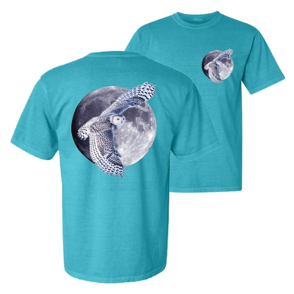 Wild Bobby, Mosaic Full Moon Owl Winter Snow, Animal Lover, Front and Back Garment-Dyed Short Sleeve Tees, Blue Lagoon, Small