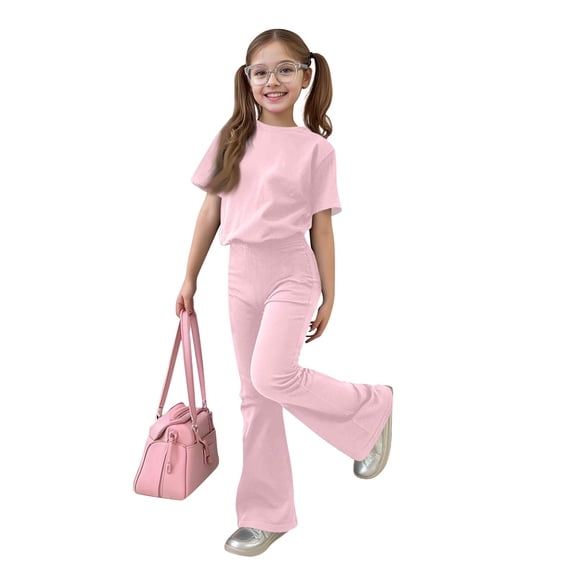 Grblisyd Girls Outfits Size 10-12 Summer Solid Color Casual Short Sleeve Crew Neck Top Flared Pants 2PCS Set Little Girl Outfits